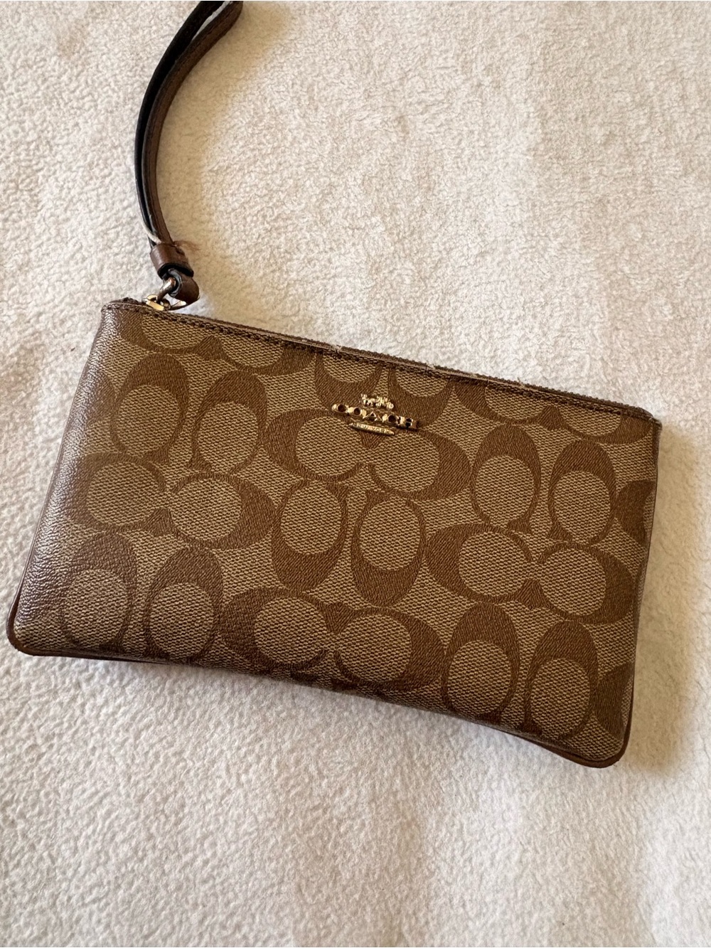 COACH Brown Signature Canvas Wristlet with Gold Hardware